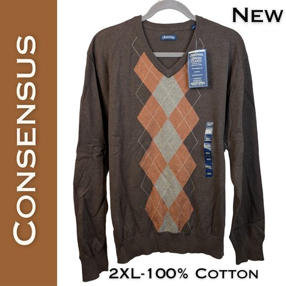 New Consensus Genuine Classic Mens Brown Tan Rust Argyle Cotton Sweater Size 2XL - Picture 1 of 8